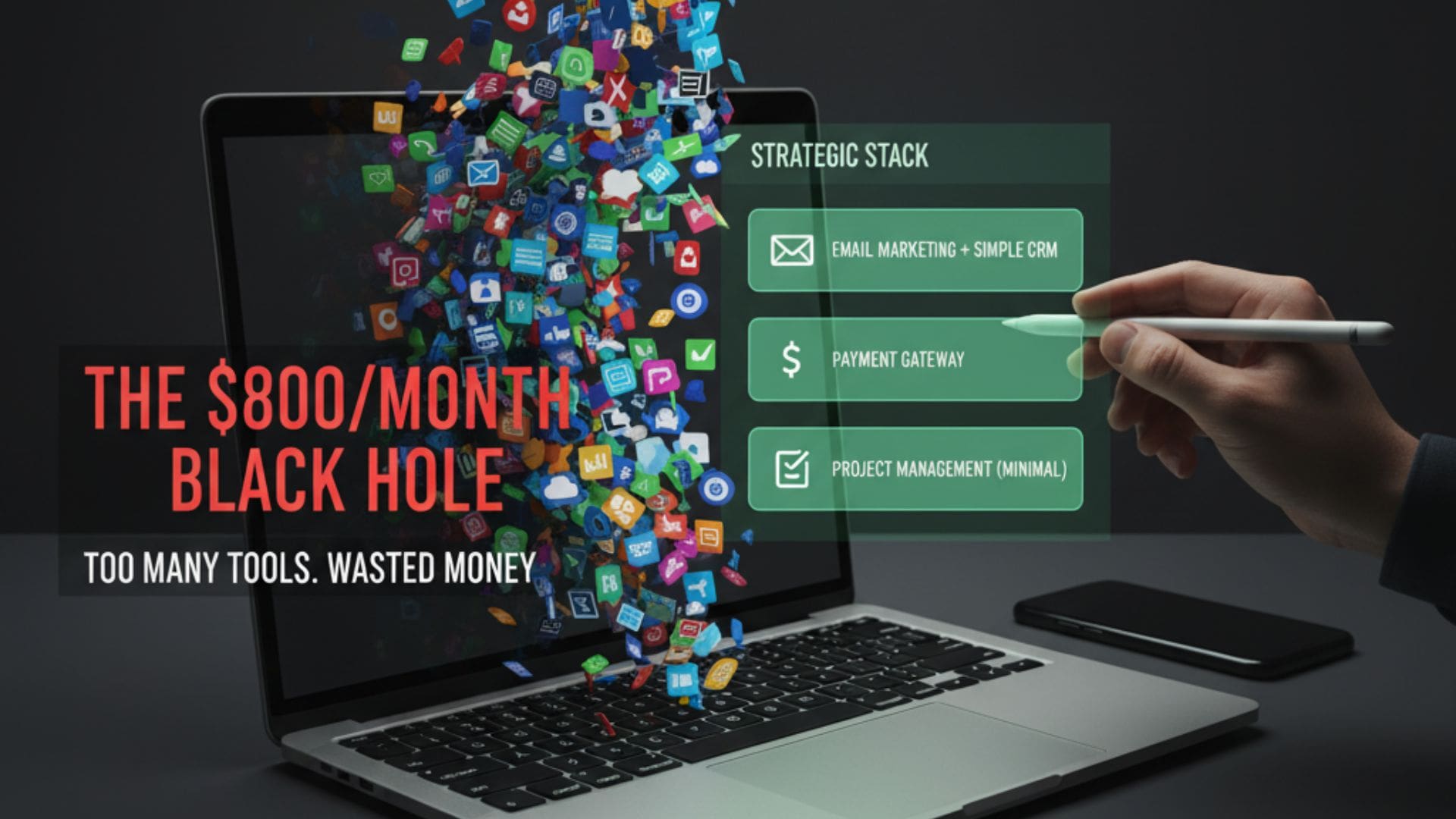 Cost-effective tech stack dashboard showing essential software tools for six-figure solo business under $200 monthly budget